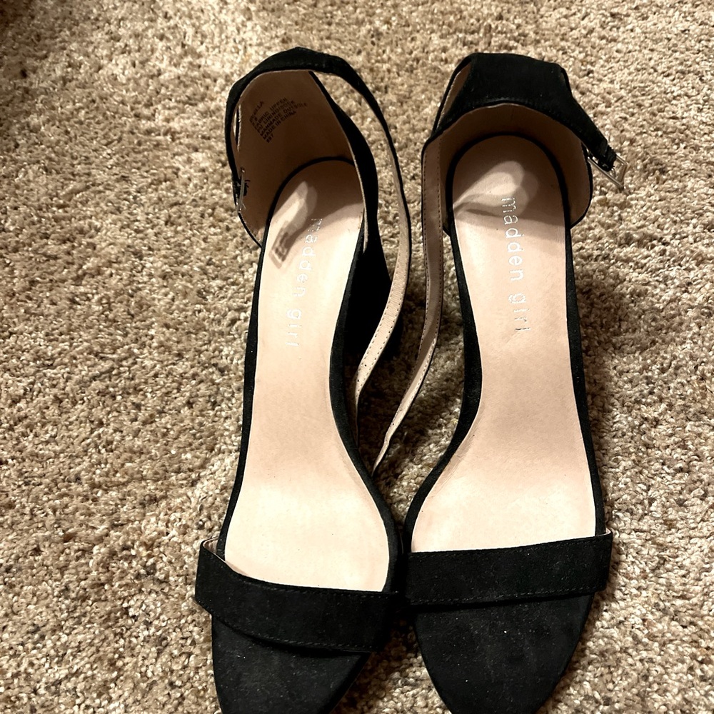 Excellent condition, black faux suede kitten heels with ankle strap